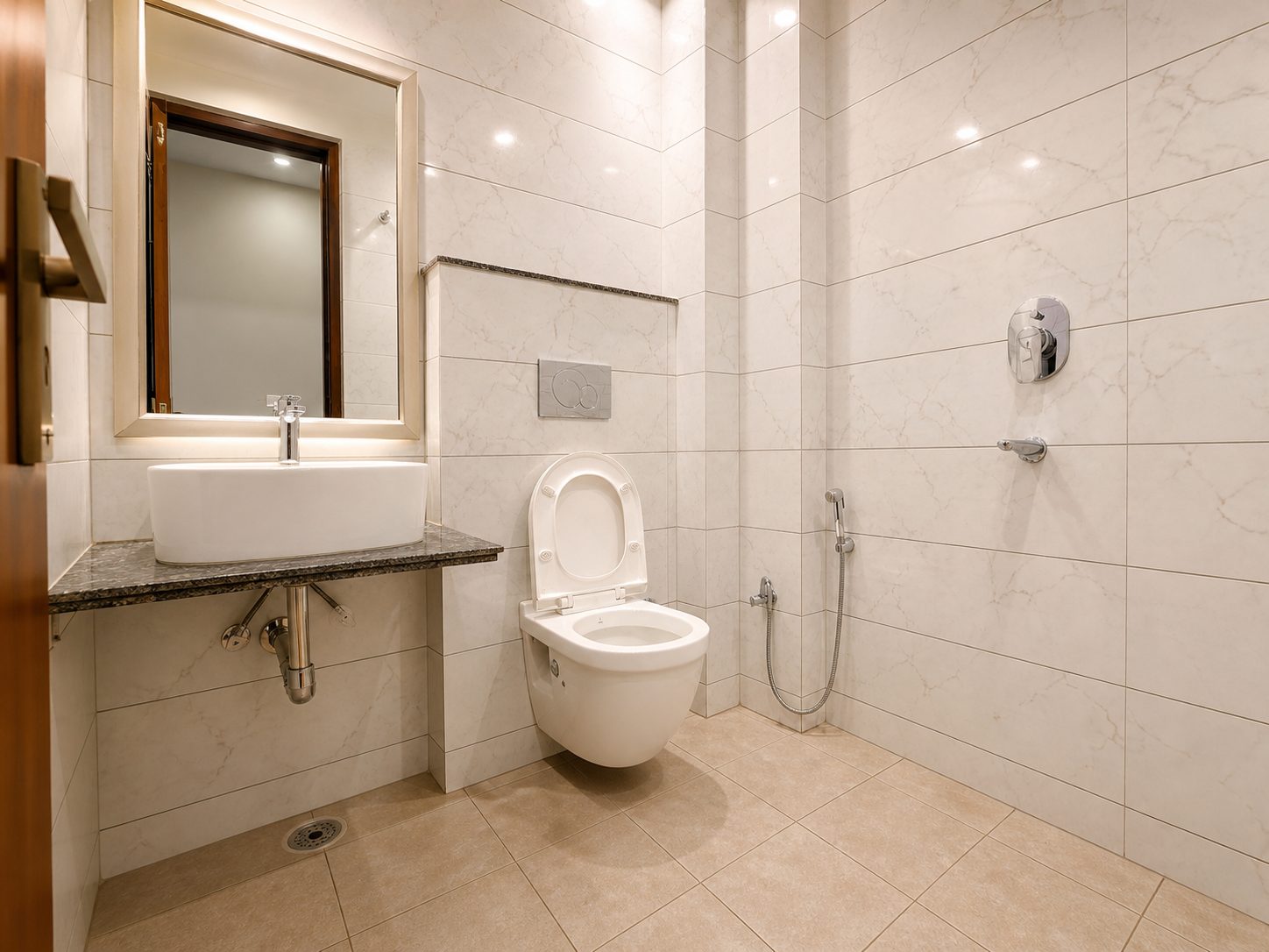 A white-tiled bathroom with a vessel basin on a granite counter under a framed mirror, a wall-hung toilet and a hand shower.