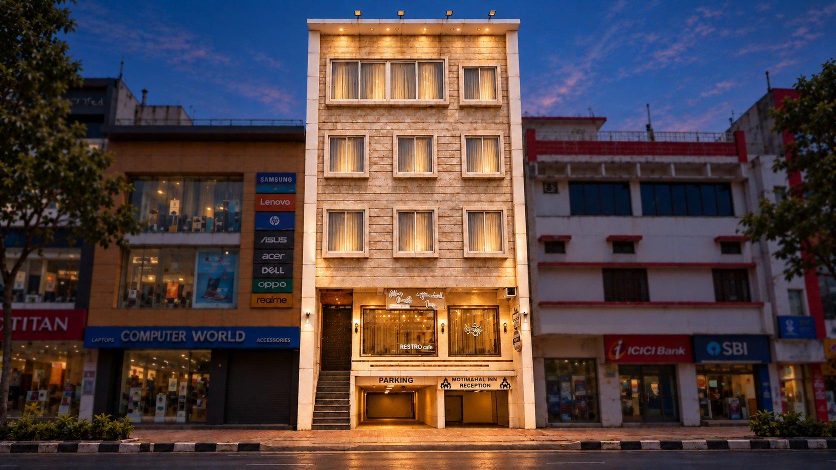 Motimahal Inn at dusk: a five-storey building faced in cream stone, its rows of curtained windows lit gold, with the parking entrance and reception at street level on Nainital Road.